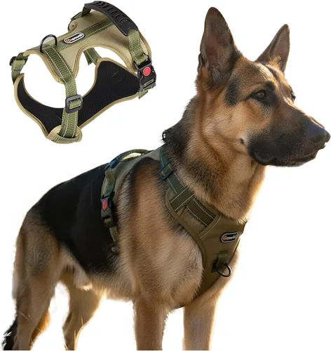 Miniatura 15 de Arnés táctico para perro de tamaño M sin tirones, con asa y ribete reflectante, arnés ajustable para el pecho con clips de correa delantera y Caqui