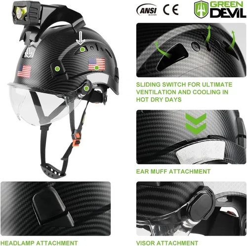 Miniatura 2 de GREEN DEVIL Casco de seguridad con luz recargable para faros delanteros y forro para casco, correa para barbilla, para hombre, ventilada