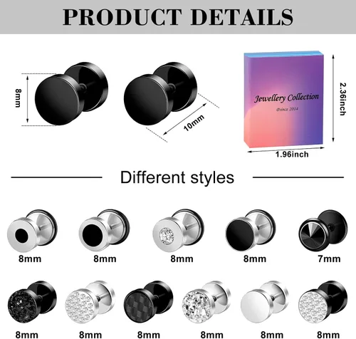Miniatura 2 de ONESING 12 pares de aretes falsos de calibre para hombres, acero inoxidable, aretes de aro para hombres, aretes redondos, con calibres falsos