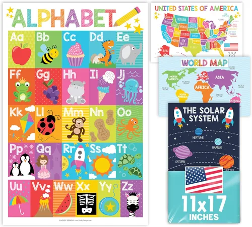 Miniatura 11 de Hadley Designs 4 carteles del alfabeto, mapa de Estados Unidos, mapa del mundo y sistema solar, gráficos ABC laminados para decoración de pared