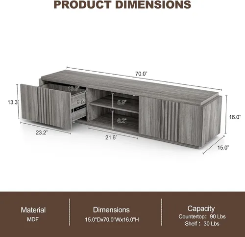 Miniatura 2 de BELLEZE Soporte de TV acanalado de 70 pulgadas para televisores de hasta 75 pulgadas, mesa consola central de entretenimiento multimedia con cajones