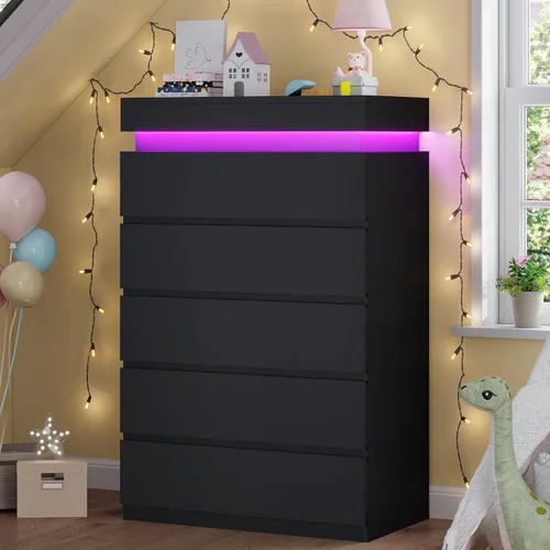 HAUOMS Cómoda alta de 5 cajones con luz LED, cómoda moderna negra para dormitorio, cómodas de armario con cajones para sala de estar, entrada,