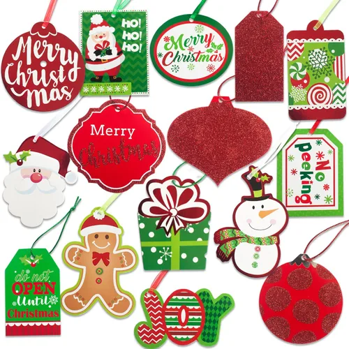 Etiquetas de regalo de Navidad, 60 unidades con cuerda desatada (15 purpurina surtida, papel de aluminio, diseños impresos para envoltura de regalo