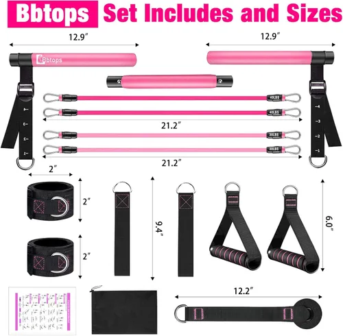 Miniatura 8 de Kit de barra de pilates Bbtops con bandas de resistencia, barra de pilates con bandas apilables, equipo de entrenamiento para piernas, cadera, Rosa