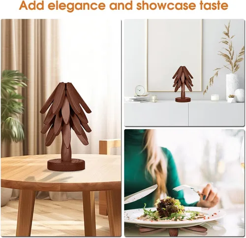 Miniatura 5 de Juego de Posavasos de Copa de Madera, Juego de Salvamanteles en Forma de Árbol, Posavasos de Árbol - 4 Salvamanteles de Madera + 1 Soporte