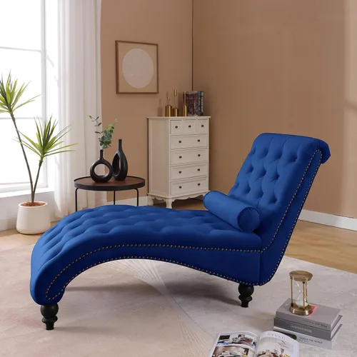 Miniatura 5 de Moderna tumbona de terciopelo para interiores con ribete de cabeza de clavo, sillón sin brazos con botones para interior con almohada lumbar y 4