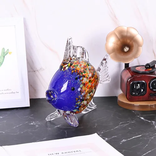 Miniatura 7 de Figuras grandes de peces de vidrio soplado a mano, arte de vidrio marino para acuario, escultura de estatua de pez azul y naranja, acento costero