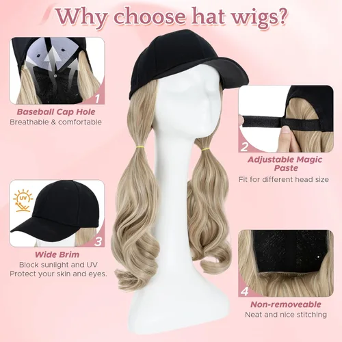 Miniatura 4 de SEGO - Peluca de gorra con pelo adjunto para mujer, gorra negra de béisbol con extensiones de pelo, gorra de béisbol larga y ondulada con ajuste