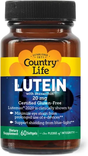 Country Life Suplemento de luteína de 20 mg - Certificado sin gluten - Apoyo para la salud ocular con luteína y zeaxantina - Reduce la fatiga ocular