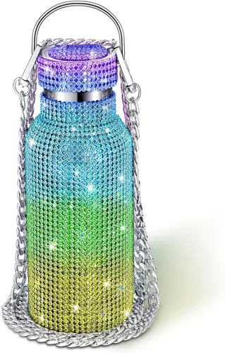 Miniatura 28 de Geiserailie Botella de agua con diamantes de imitación de acero inoxidable, térmica, recargable, aislada, con cadena, para mujeres y niñas