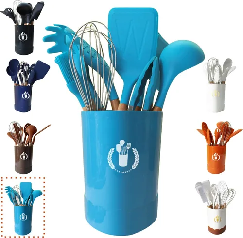 Miniatura 13 de Color Dots - Juego de utensilios de cocina de silicona, 11 piezas, mango de madera, resistente al calor, antiadherente, seguro para utensilios