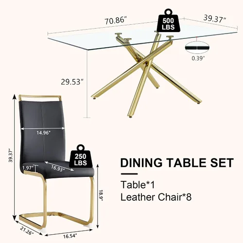 Miniatura 5 de Juego de 8 mesas de comedor de cristal, moderno juego de mesa de comedor de 71 pulgadas con 8 sillas de comedor tapizadas de piel sintética