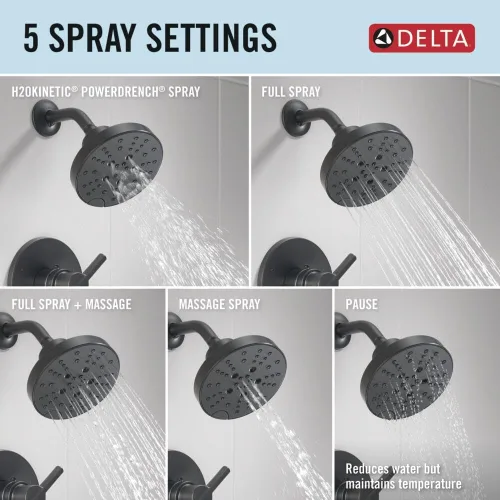 Miniatura 7 de Delta Nicoli 14 Series H2Okinetic - Juego de grifo de bañera y ducha, juego de cabezal y manija de ducha mate, kit de moldura de válvula, negro mate