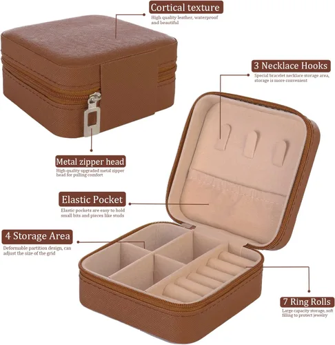 Miniatura 3 de KElofoN Organizador de joyas de viaje, joyero de viaje, caja organizadora de joyas pequeña para niñas y mujeres (1, marrón)