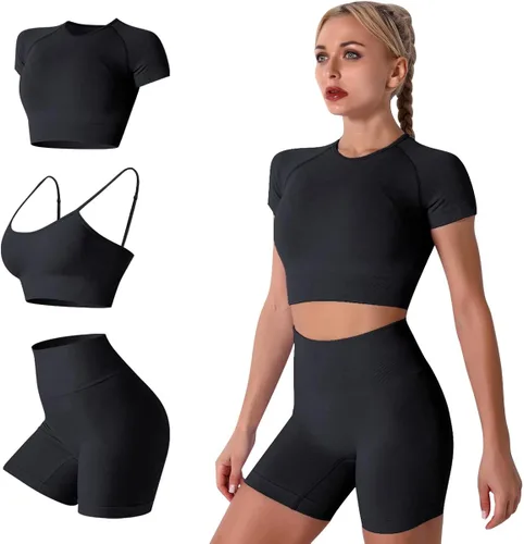 Conjuntos de 2 piezas sin costuras para yoga y entrenamiento - con ombliguera de manga corta y pantalones cortos de tiro alto para correr -