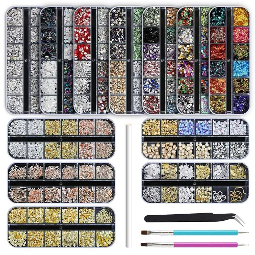 Artdone 12 cajas de diamantes de imitación para uñas, gemas para uñas, diamantes de uñas, cristales de lentejuelas para uñas, kit de lentejuelas