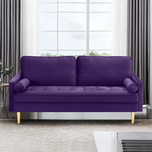 Miniatura 8 de Sofá biplaza moderno de terciopelo de 67 pulgadas, sofá biplaza tapizado con mechones de mediados de siglo con 2 almohadas y 4 patas doradas, sofás