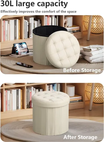 Miniatura 4 de Bsketa® Otomana plegable redonda de almacenamiento de 14" x 14" x 13" pulgadas, taburete de pie con asiento acolchado de espuma más gruesa, banco