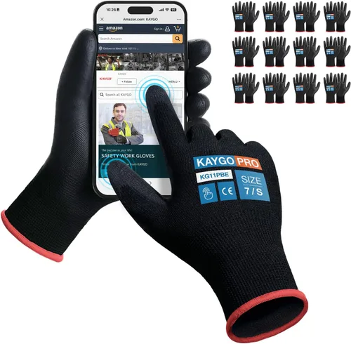Miniatura 55 de KAYGO KG11PB - Guantes de seguridad con revestimiento delgado de poliuretano, tejido sin costuras, agarre suave en palma y dedos, para trabajo Verde