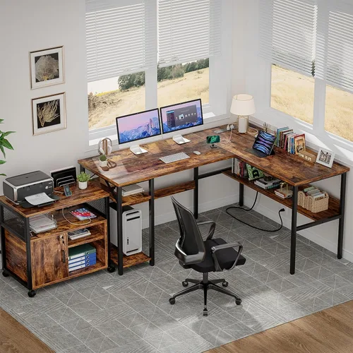 Miniatura 2 de Unikito Escritorio para computadora en forma de L con tomas de corriente mágicas y puerto de carga USB, escritorio esquinero reversible resistente