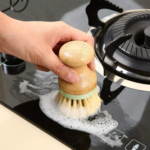 Miniatura 6 de 4 cepillos de bambú para fregar platos con soportes, de madera, de bambú, redondos, cerdas rígidas, cepillos para lavar platos, ollas, sartenes