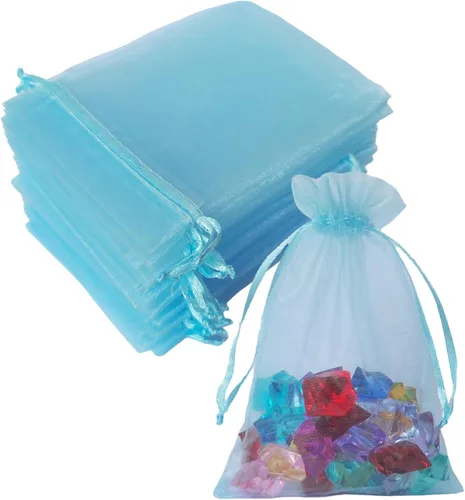 Miniatura 25 de Paquetes de 100 bolsas de organza de 4 x 6 pulgadas, color azul bebé para baby shower, Navidad, recuerdos de fiesta, cumpleaños, boda, despedida
