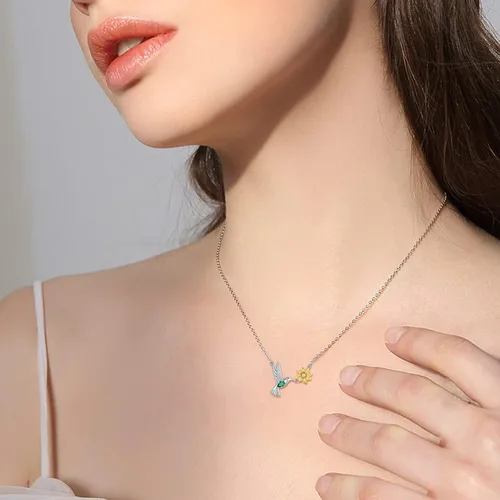 Miniatura 2 de Bolelis Collares de plata de ley con colibrí para mujer, chapado en oro, colgante de flor de pájaro adornado con circonita brillante, joyería