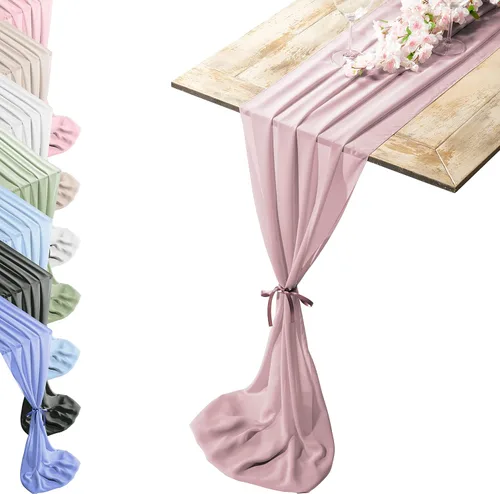 Miniatura 9 de Camino de mesa de gasa de tacto sedoso con dos estilos de lazos de cinta, camino de mesa beige arenoso, camino de mesa de boda de 29 x 120 pulgadas