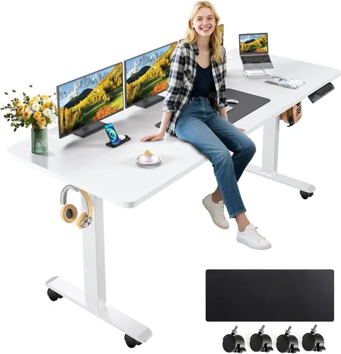 Miniatura 14 de farexon Escritorio eléctrico de pie de altura ajustable, escritorio de pie de 55 x 24 pulgadas con alfombrilla grande para el mouse, ruedas Negro