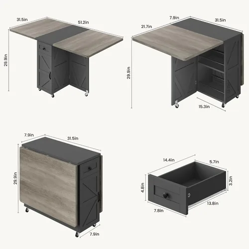Miniatura 2 de Jocoevol Mesa de comedor plegable ahorradora de espacio para 4, mesa de comedor plegable estilo granja con cajón y estante de almacenamiento de 2