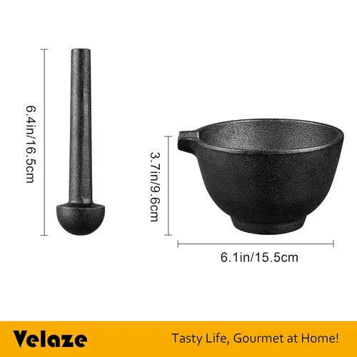 Miniatura 6 de Velaze Juego de herramientas de mortero y maja de hierro fundido, maja de 6.5 pulgadas y mortero de capacidad de 3 tazas, molinillo de especias