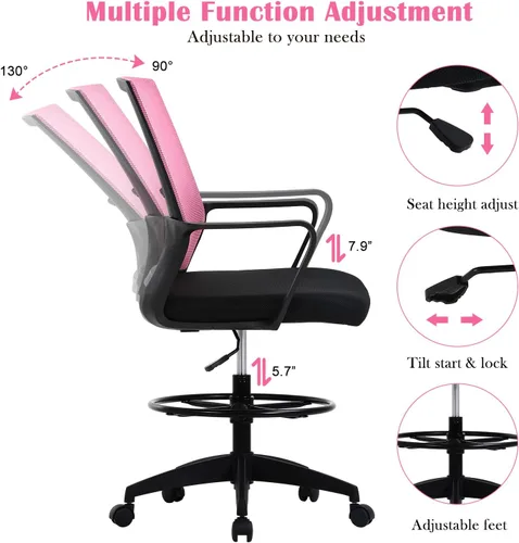 Miniatura 4 de Silla de redacción alta para escritorio de oficina, respaldo medio, altura de barra ajustable, silla de oficina con soporte lumbar y anillo