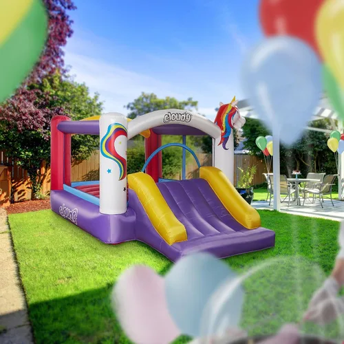 Miniatura 7 de Cloud 9 Casa inflable de rebote y soplador, gorila con temática de unicornio para niños con tobogán, incluye estacas y parches de reparación