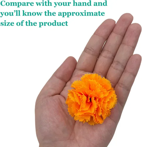 Miniatura 3 de 50 flores artificiales de caléndula, cabezas de seda de 2 pulgadas con tallos para Diwali, festival indio, día de los muertos, día de los muertos