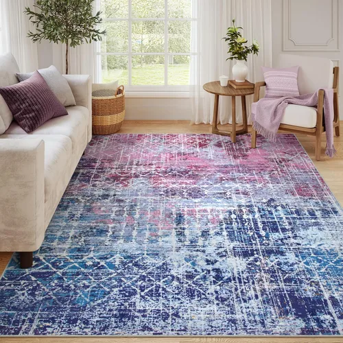 Miniatura 8 de Zealude - Alfombras abstractas boho azul rosa para dormitorio de niñas y niños, alfombra lavable de 8 x 10 pies para sala de estar y comedor