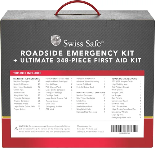 Miniatura 9 de Swiss Safe Kit de emergencia para automóvil 2 en 1 Cables de puente de alta resistencia de 12 pies y kit completo de primeros auxilios