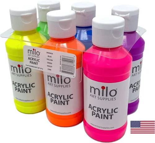 Miniatura 4 de milo Juego de 6 pinturas acrílicas fluorescentes Botellas de 4 onzas Paquete de pintura acrílica de colores neón para estudiantes Hecho
