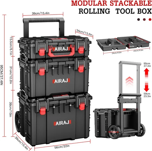 Miniatura 3 de Caja de herramientas portátil con ruedas de alta resistencia, organizador de caja de herramientas apilable modular, caja de herramientas impermeable
