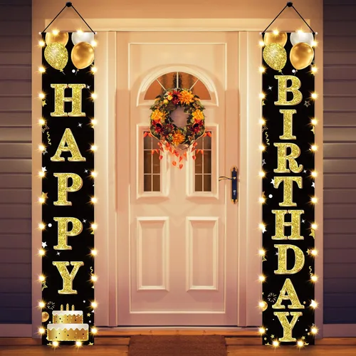 Miniatura 12 de Cartel de fiesta de cumpleaños número 18 con luces LED para hombres y mujeres - Carteles de puerta de cumpleaños número 18 en negro y dorado vintage