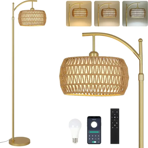 Miniatura 13 de Lámparas de pie doradas para sala de estar con control remoto y bombilla LED regulable, lámpara de pie de arco moderna con 3 temperaturas