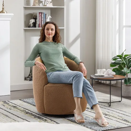 Miniatura 3 de KIVENJAJA Boucle - Silla giratoria de barril tapizada de sherpa con brazos redondos, sillón individual pequeño de 360 grados para guardería, sala