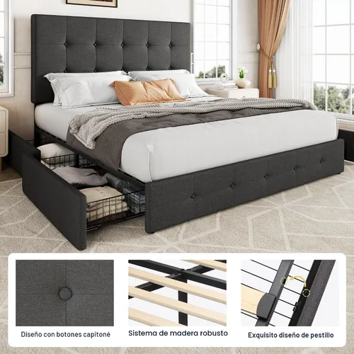 Miniatura 6 de Allewie - Base de cama con plataforma de tamaño Queen, tapizada, con 4 cajones de almacenamiento y cabecera, diseño tapizado cosido en cuadrados
