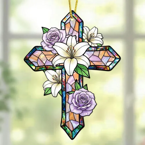 WaaHome Adorno de cruz de Pascua para decoración de árbol, flor morada, decoración de Pascua, regalos religiosos para mujeres, hombres, niños,