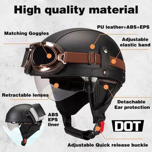Miniatura 2 de Casco de motocicleta de cuero vintage alemán, medio casco para adultos con certificación DOT, para hombres y mujeres, con gafas y visera, para Azul