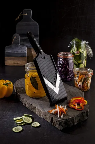 Miniatura 4 de Microplane Cortadora de mandolina ajustable con hoja en V y cuchillas de acero inoxidable Julienne, mandolina de mano para papas, zanahorias y otras