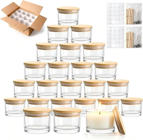 Miniatura 18 de Tarros de vela de vidrio de 4 onzas, paquete de 12 tarros pequeños para hacer velas, tarros vacíos de vidrio grueso de boca ancha con tapas de bambú