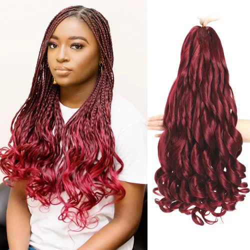 Miniatura 26 de Cabello Rizado Francés para Trenzar de 18 Pulgadas, 8 Paquetes Color Borgoña - Cabello para Trenzar Pre-Estirado con Rebote - Extensiones de Cabello