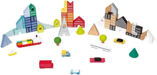 Miniatura 4 de Janod - 60 bloques Kubix de madera + rompecabezas de ciudad de cartón - 3 años + J08304