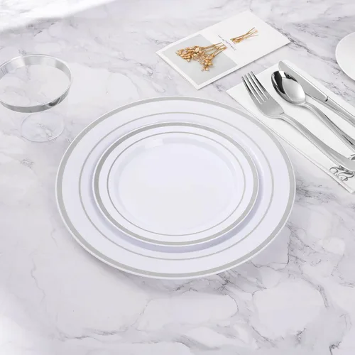 Miniatura 5 de BESTVIP 100 platos de plástico plateados, platos desechables de 10.25 pulgadas para fiesta con borde plateado para Navidad, Acción de Gracias