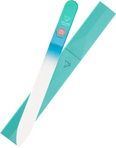 Bona Fide Beauty Lima de uñas de vidrio con estuche (Aguamarina) - 1 pieza Regalos lujosos para mujeres, lima de uñas grabada de cristal para uñas